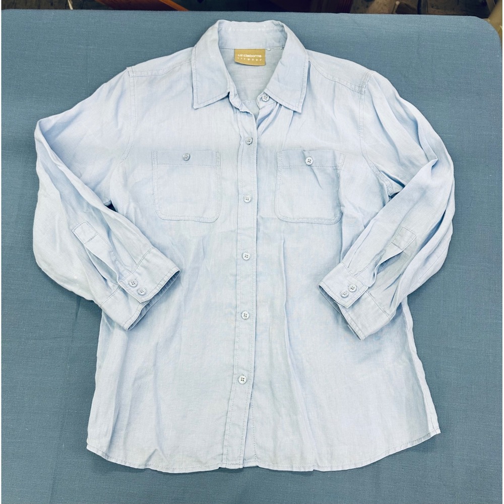 Liz Claiborne Lizwear Light Blue Denim Button Down UP Shirt Long Sleeve L